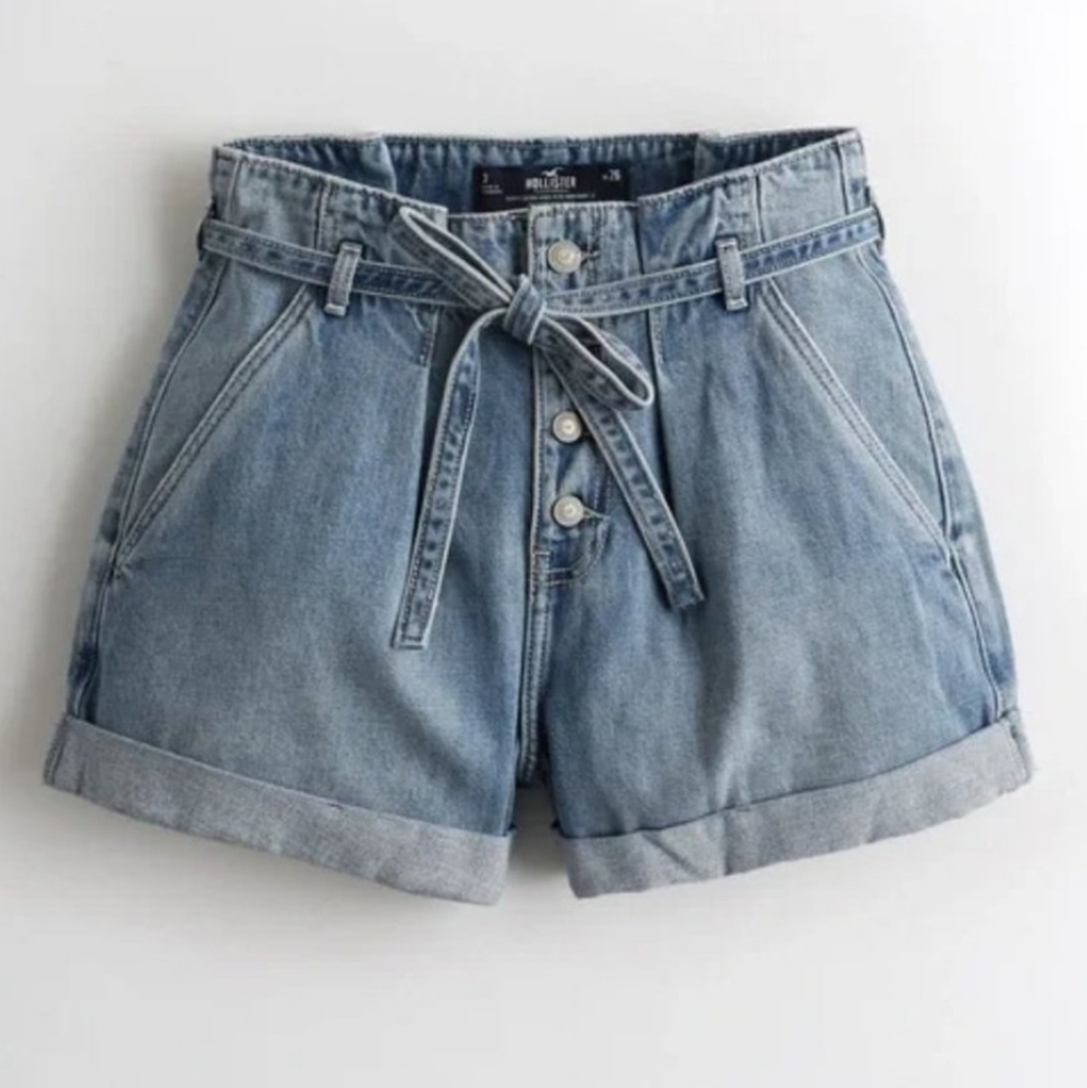 Hollister Ultra High Rise Paper Bag Waist Denim Shorts Button Fly With Tie